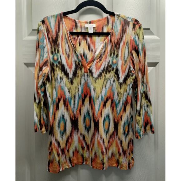 Chico's Tops - Chico's Size Medium (1) Multicolored Geometric Boho 3/4 Sleeves V-Neck Rayon Top